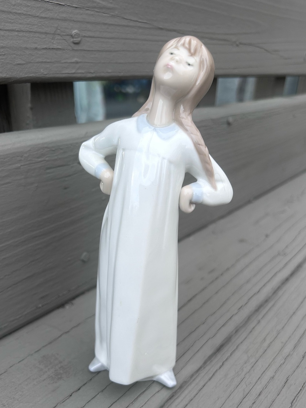 Llardo Porcelain “Girl Stretching” Figurine in White Gown with Blonde Hair #4872